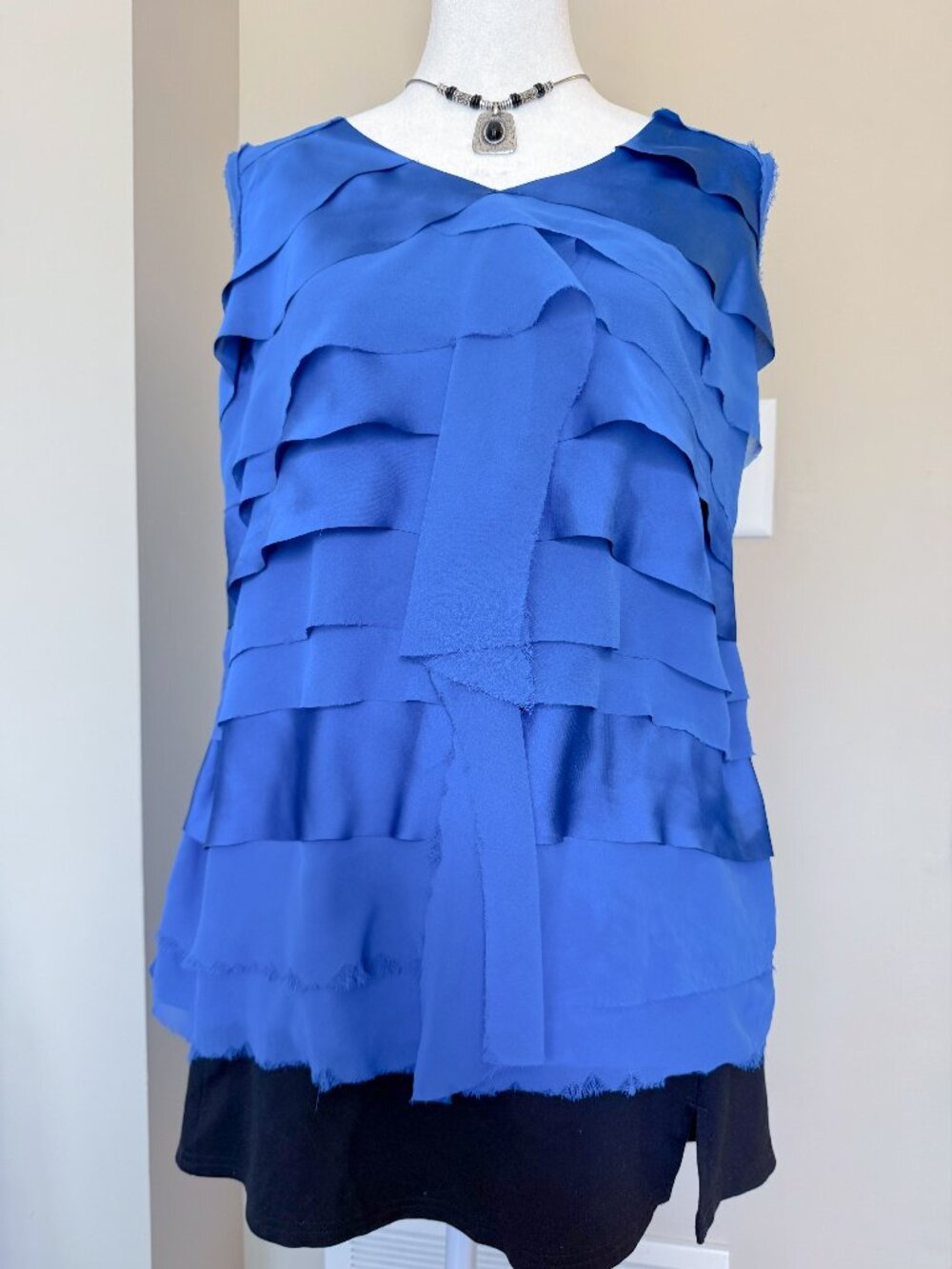 Alfani Women’s Silky Navy Blue Ruffle Tank Top – Size Large